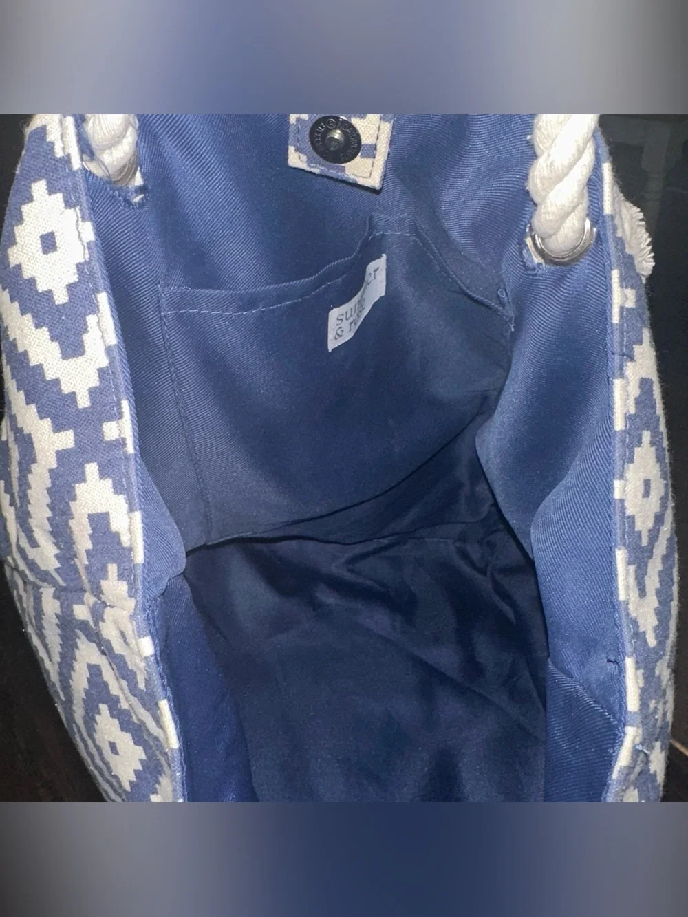 summer & rose Navy and White Diamond-Pattern Rope Tote